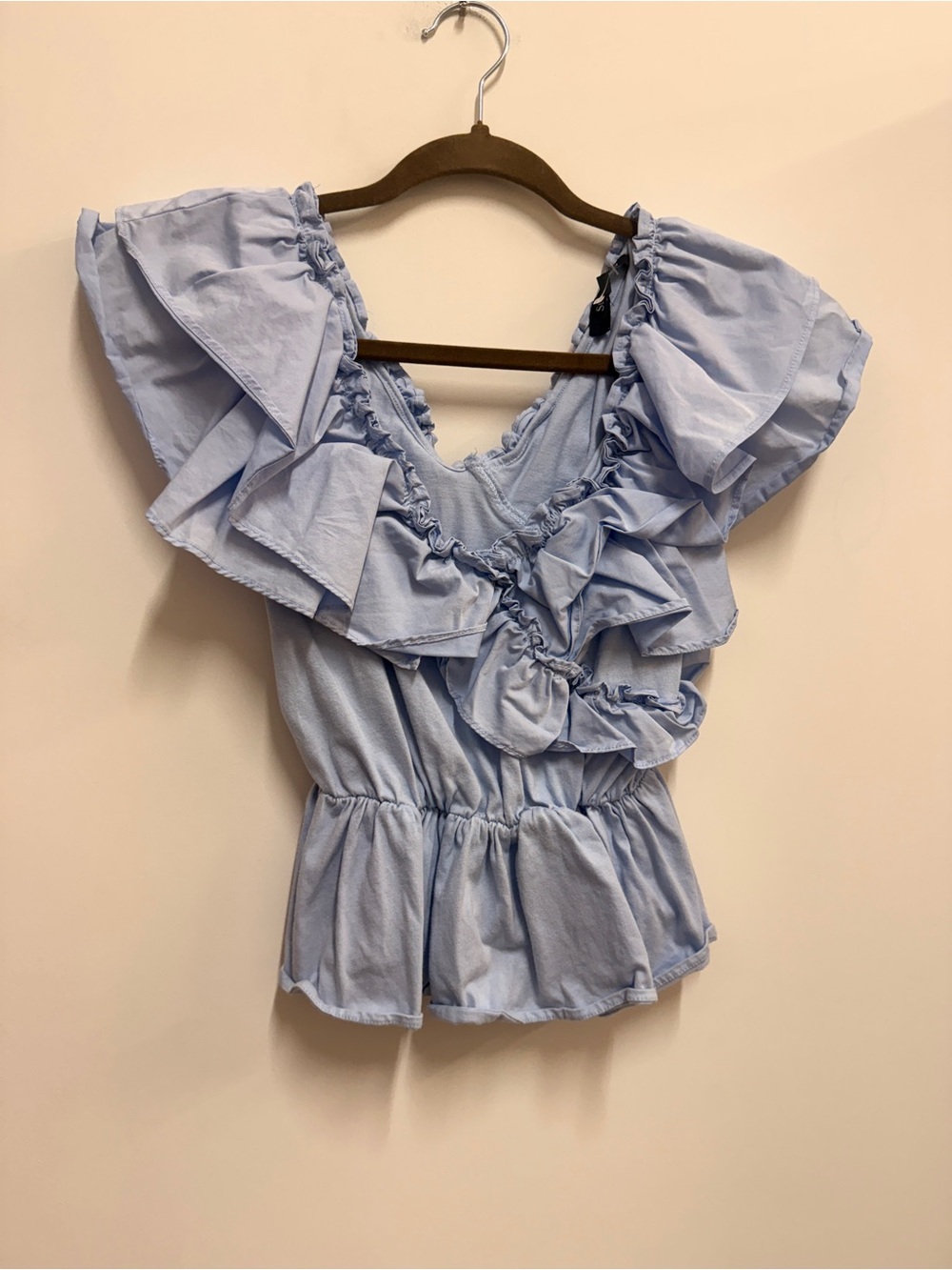 Sky Blue Ruffle Peplum Blouse with Flutter Sleeves